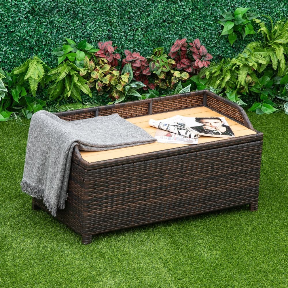 image-Rattan Garden Storage, 102Lx51Wx51H cm Brown / Cabinet Cushion Box Chest
