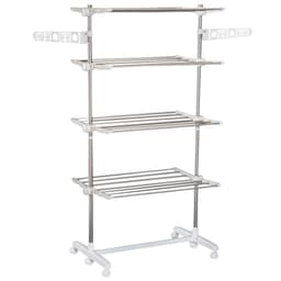 image-4 Layers Folding Cloth Hanger Stand Rail W/Wheels-White/Silver
