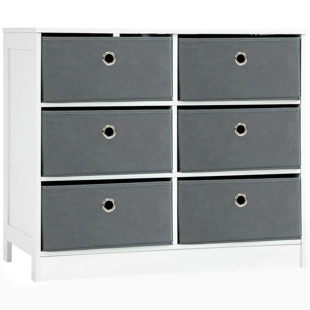 image-Chests of Drawer, Fabric Dresser Storage Cabinet with 6 Drawers White and Grey