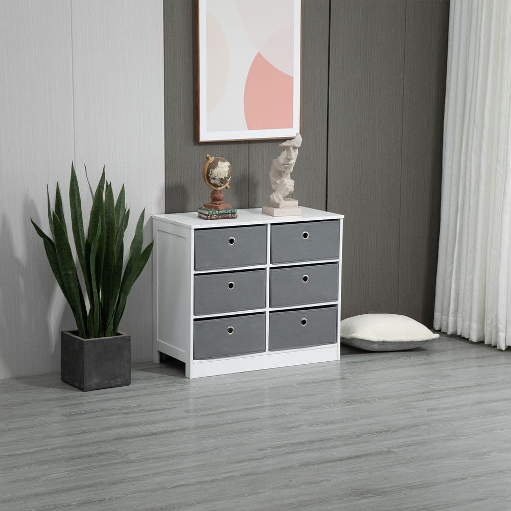 image-Chests of Drawer, Fabric Dresser Storage Cabinet with 6 Drawers White and Grey