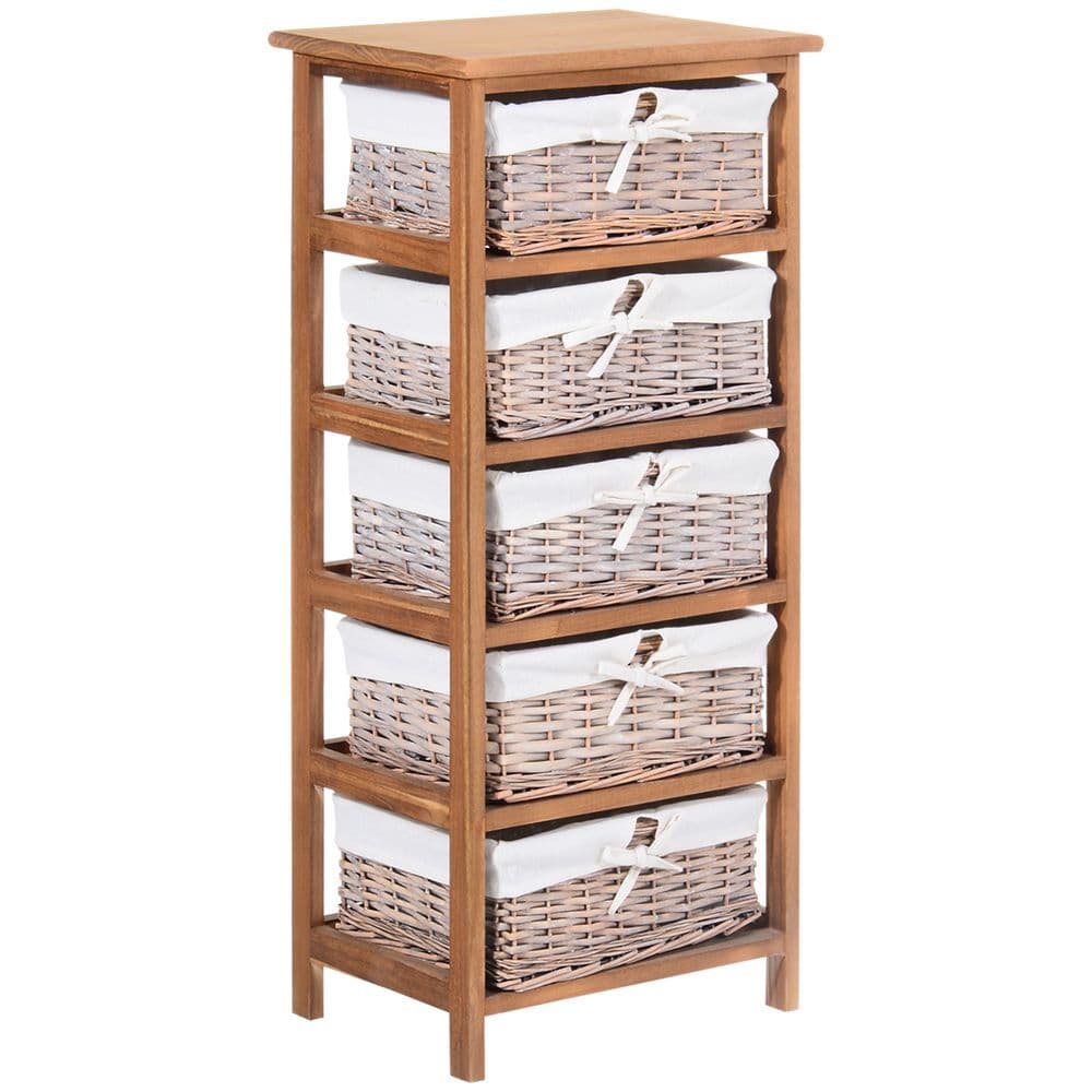 image-5-Drawers Storage Unit Wooden Frame W/ Wicker Woven Baskets