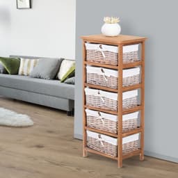 image-5-Drawers Storage Unit Wooden Frame W/ Wicker Woven Baskets