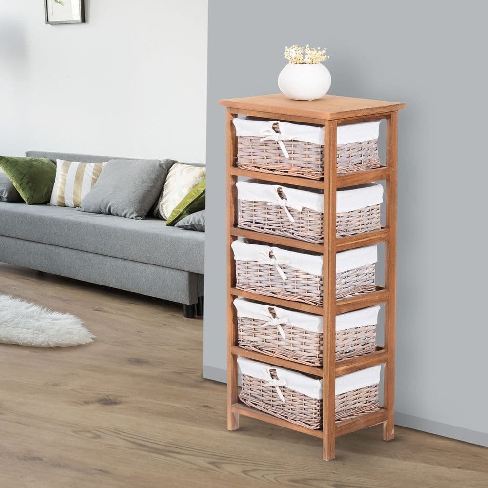 image-5-Drawers Storage Unit Wooden Frame W/ Wicker Woven Baskets