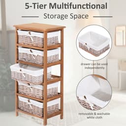 image-5-Drawers Storage Unit Wooden Frame W/ Wicker Woven Baskets
