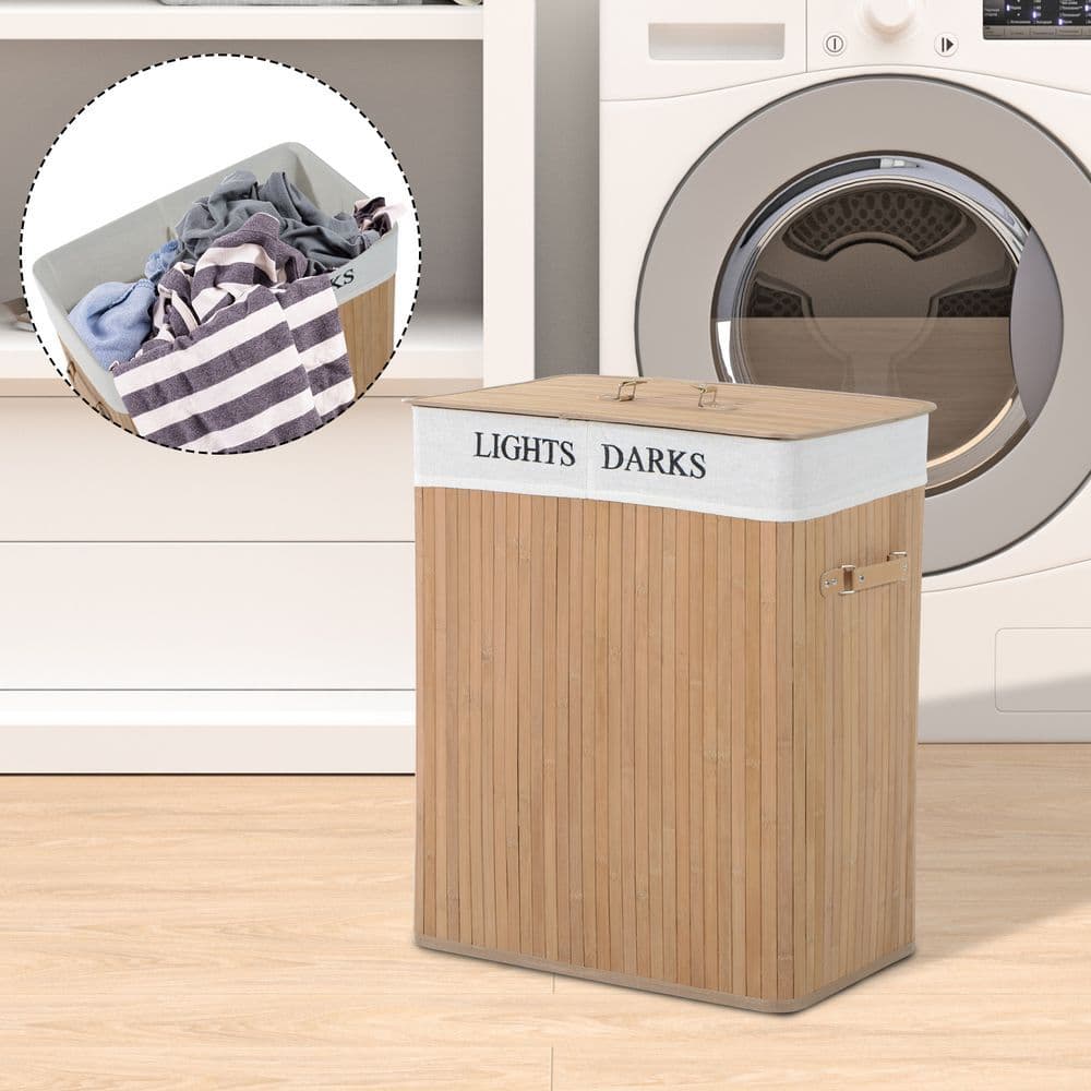 image-Bamboo Laundry Basket Collapsible Washing Bin Storage Box W/Lid