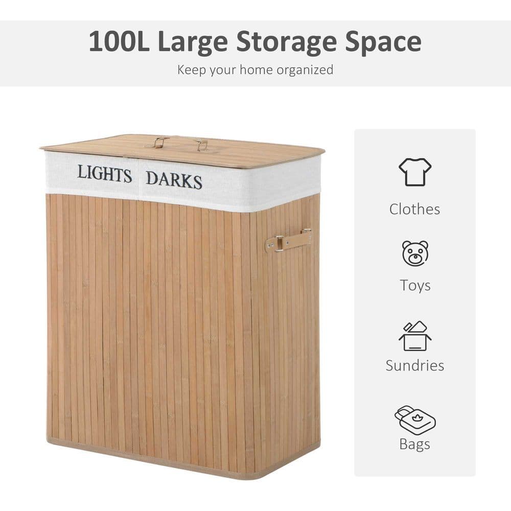 image-Bamboo Laundry Basket Collapsible Washing Bin Storage Box W/Lid