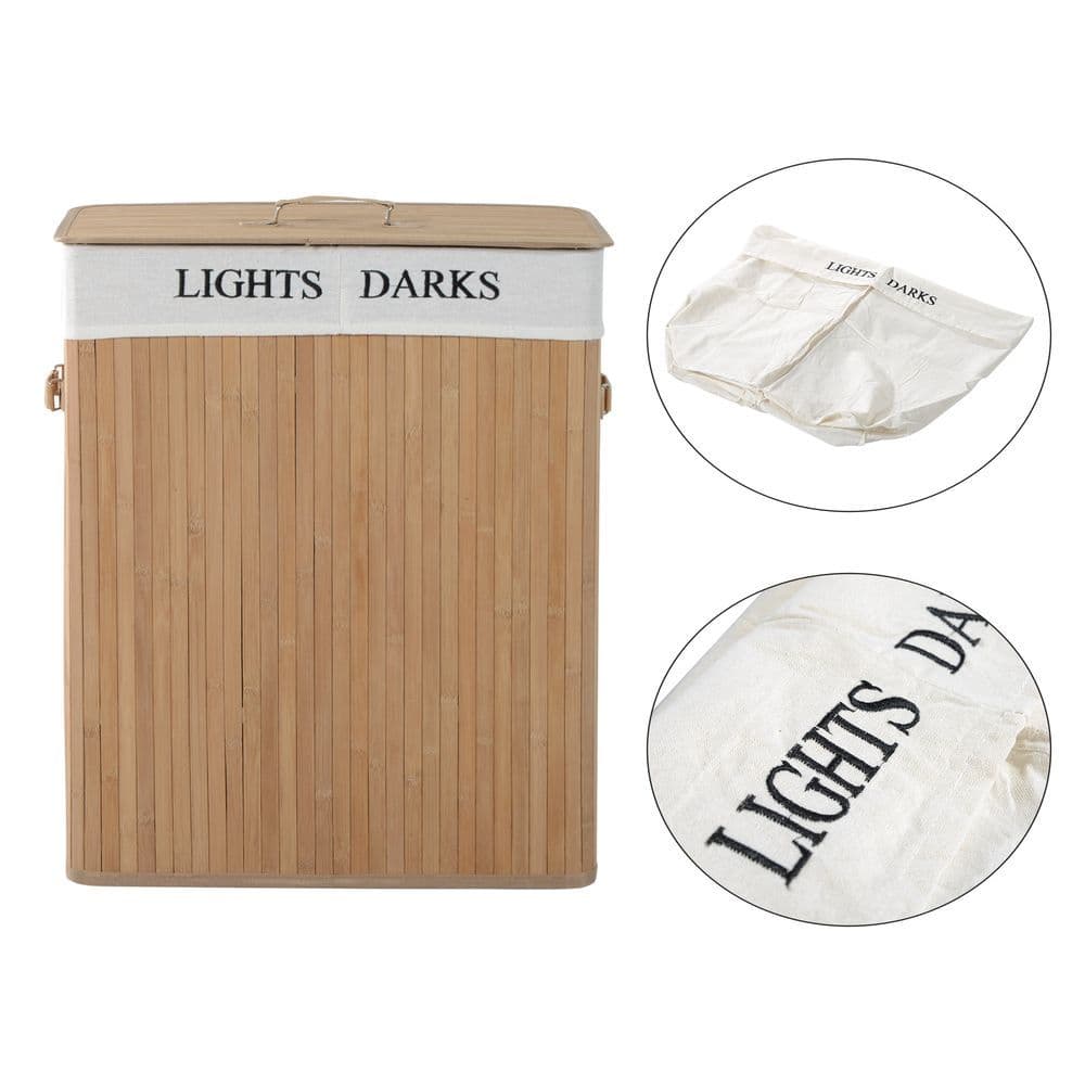 image-Bamboo Laundry Basket Collapsible Washing Bin Storage Box W/Lid
