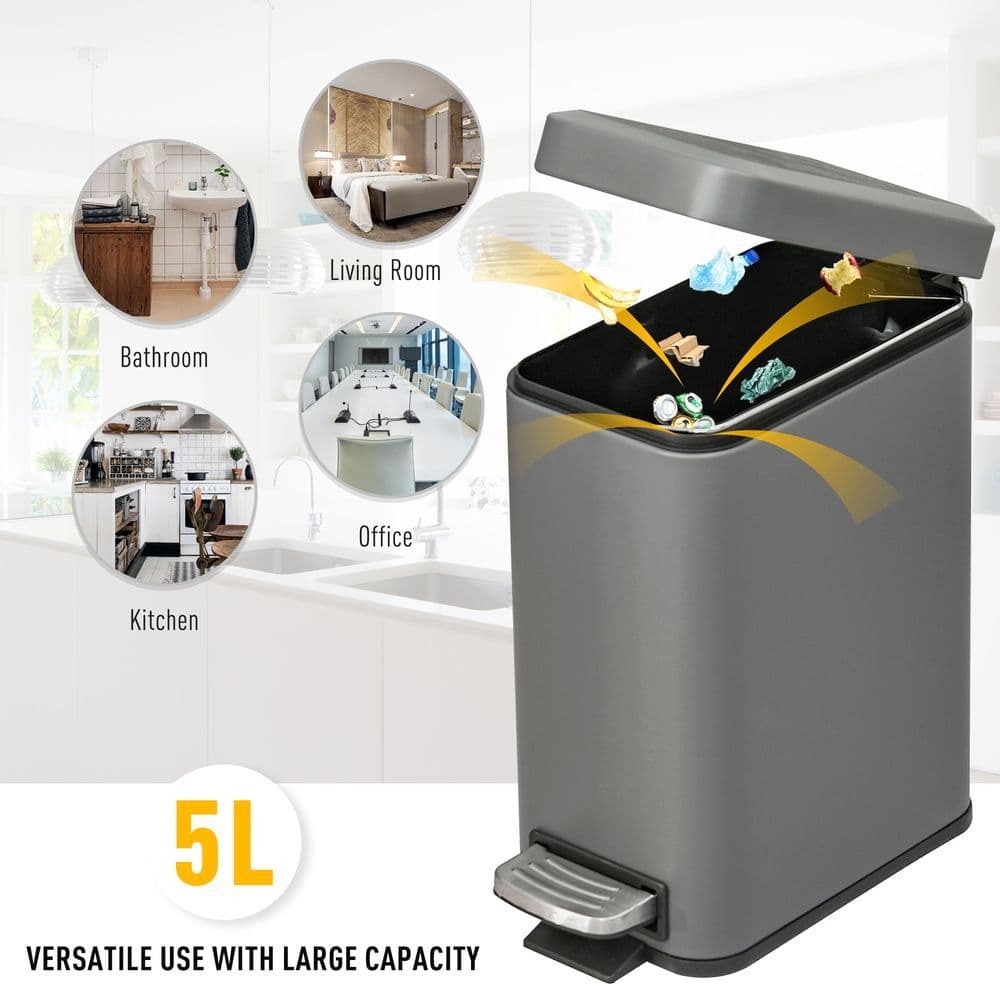 image-5L Steel Step Trash Can with Quiet-Closed Lid, Silent and Gentle Open,
