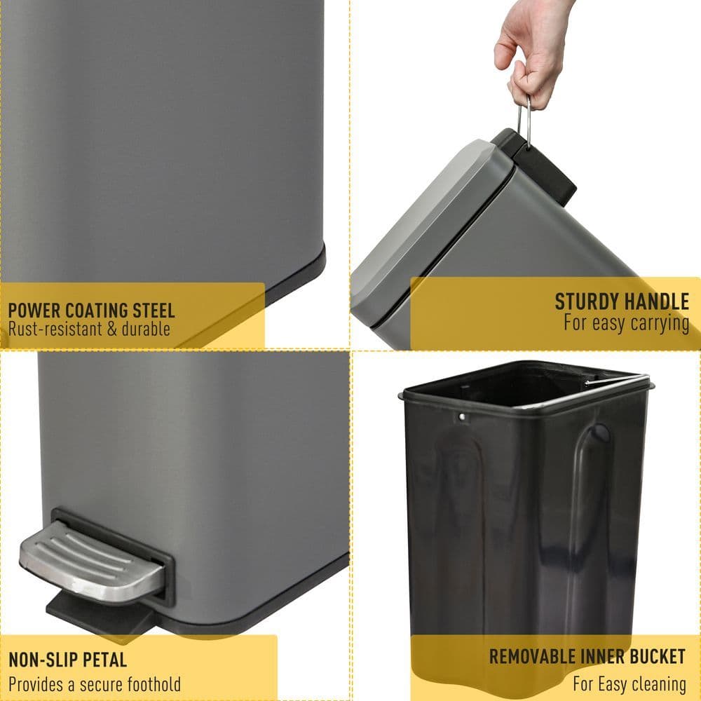 image-5L Steel Step Trash Can with Quiet-Closed Lid, Silent and Gentle Open,