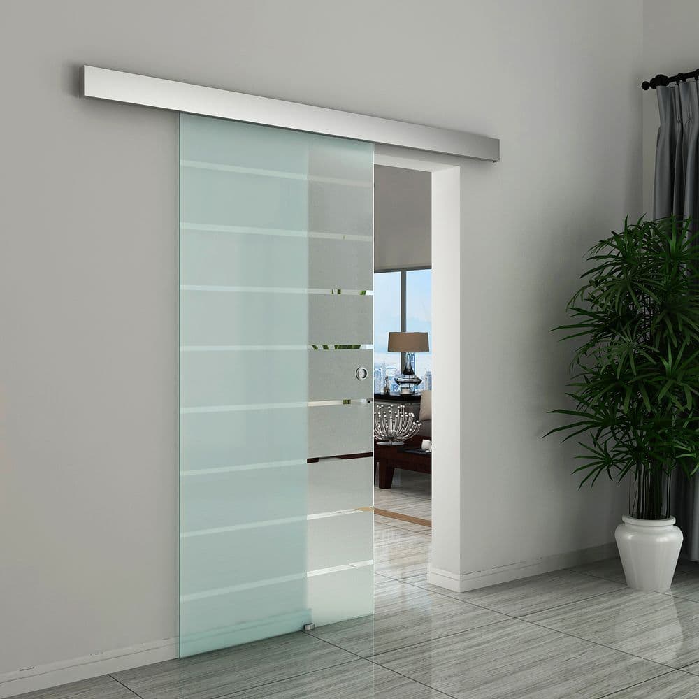 image-Tempered Sliding Barn Door Kit Aluminum-alloy Rail Frosted Glass
