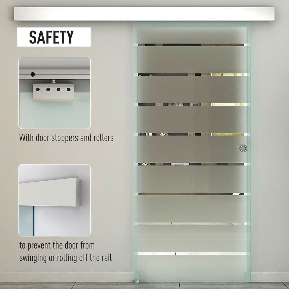 image-Tempered Sliding Barn Door Kit Aluminum-alloy Rail Frosted Glass