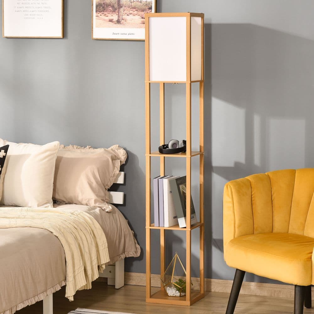 image-4-Tier Floor Lamp, Floor Light with Storage Shelf, Natural 3-Tier