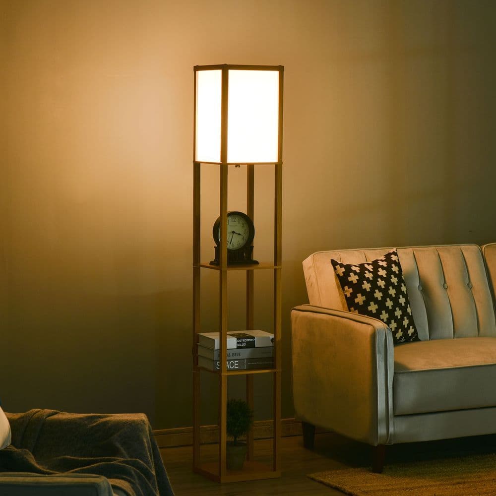 image-4-Tier Floor Lamp, Floor Light with Storage Shelf, Natural 3-Tier