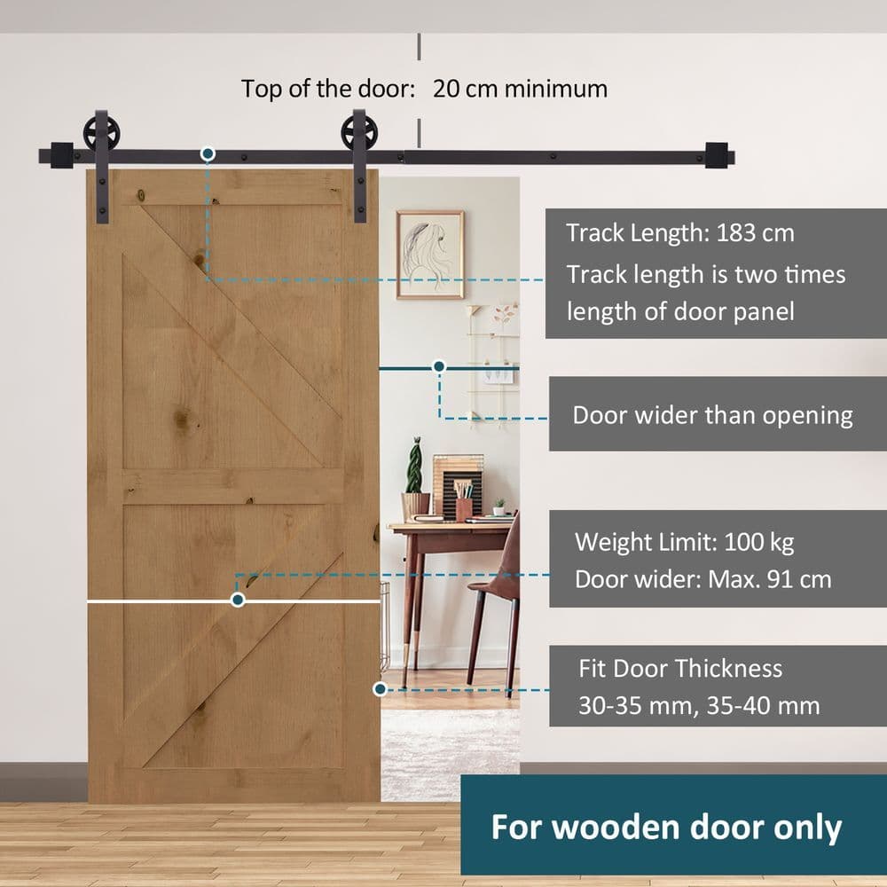 image-Sliding Door Rail Barn Door Kit Single Wooden 6FT /1830mm