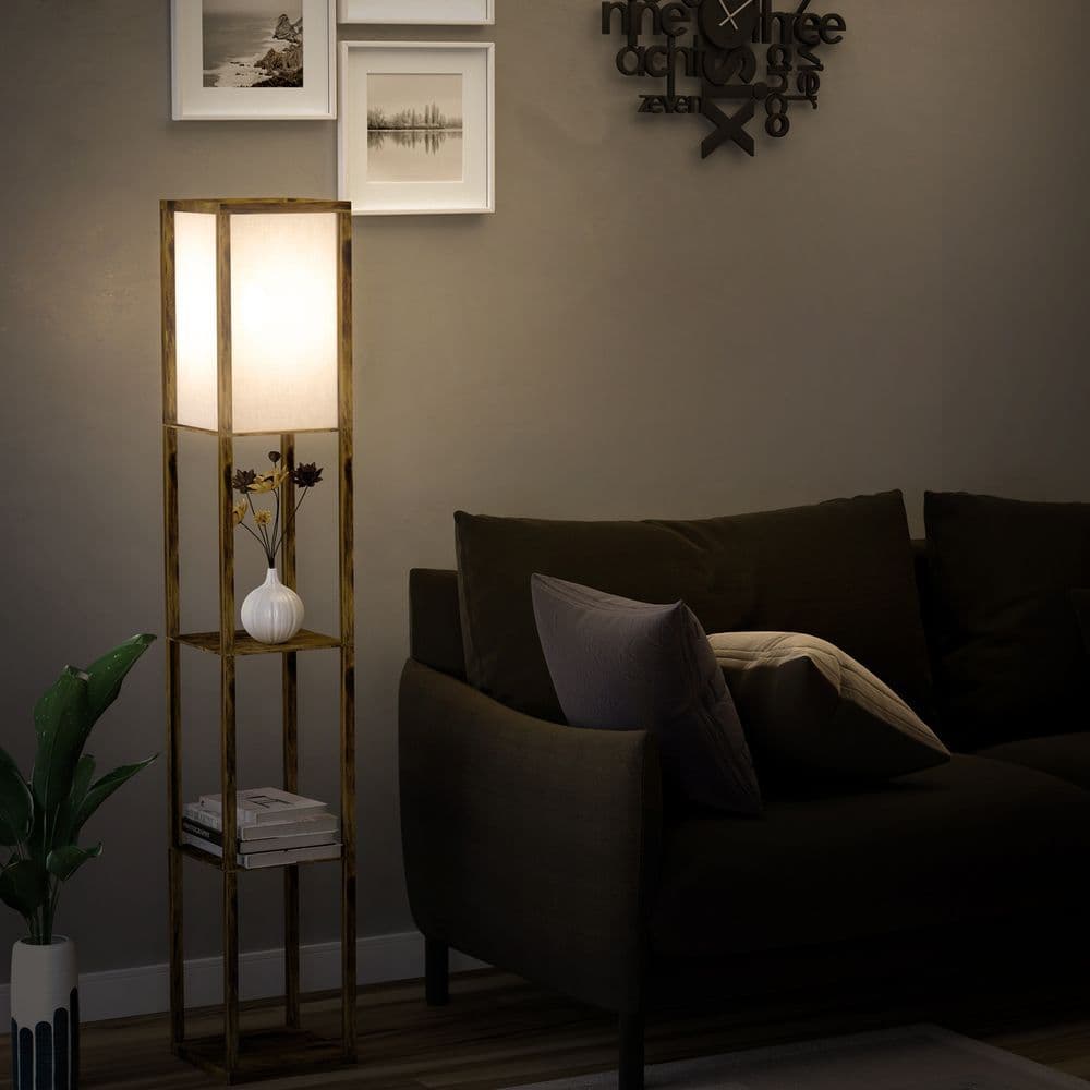 image-4-Tier Floor Lamp, Floor Light with Storage Shelf, Brown 3-Tier