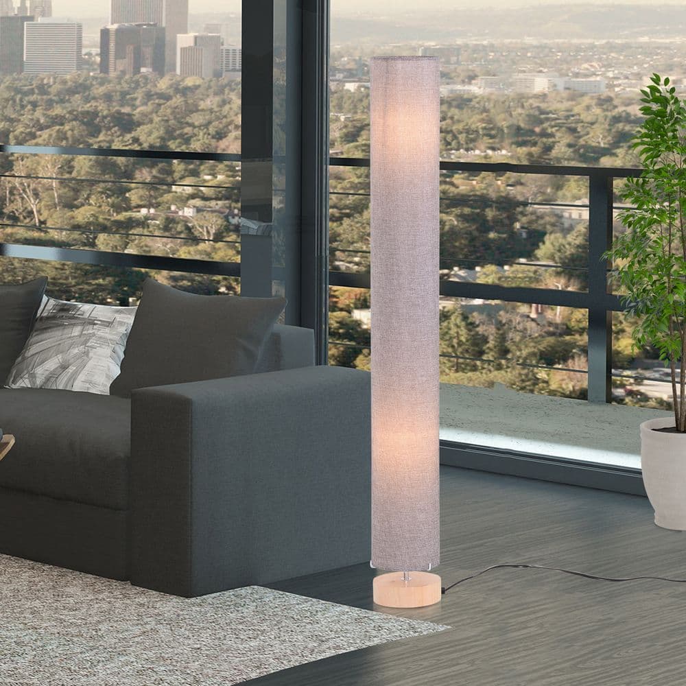 image-120H cm Wooden Base Floor Lamp W/Linen Fabric-Grey