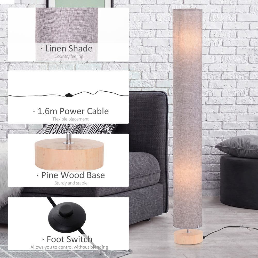 image-120H cm Wooden Base Floor Lamp W/Linen Fabric-Grey
