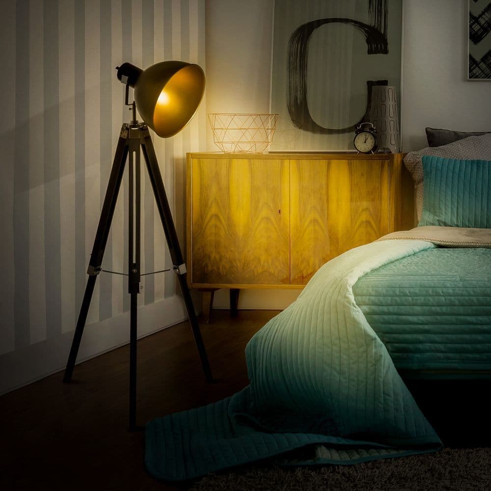 image-Retro Tripod Floor Lamp Dome Shade Light Wooden Legs-Black/Gold