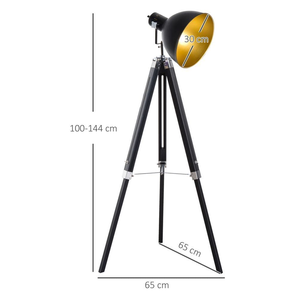 image-Retro Tripod Floor Lamp Dome Shade Light Wooden Legs-Black/Gold