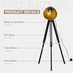 image-Retro Tripod Floor Lamp Dome Shade Light Wooden Legs-Black/Gold