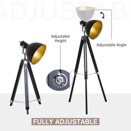 image-Retro Tripod Floor Lamp Dome Shade Light Wooden Legs-Black/Gold
