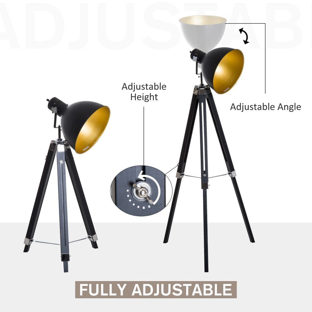 image-Retro Tripod Floor Lamp Dome Shade Light Wooden Legs-Black/Gold