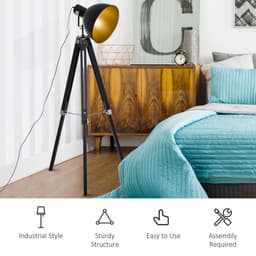 image-Retro Tripod Floor Lamp Dome Shade Light Wooden Legs-Black/Gold