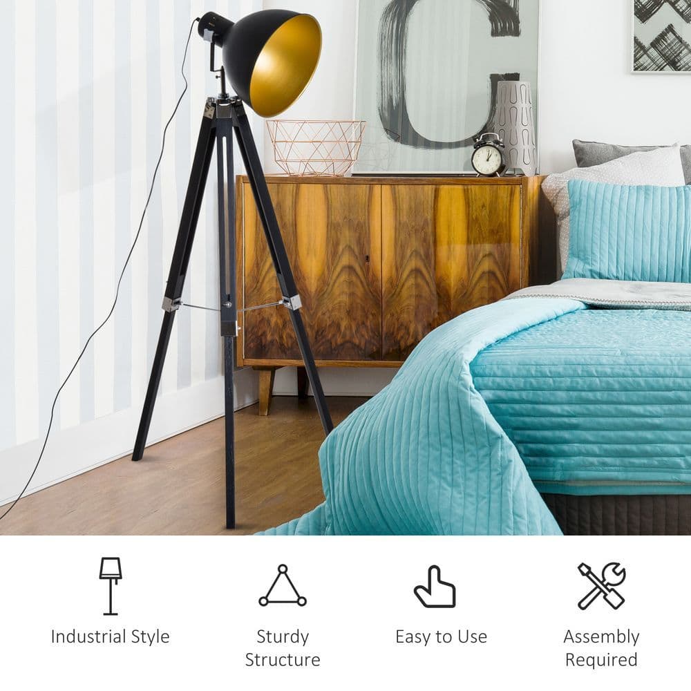 image-Retro Tripod Floor Lamp Dome Shade Light Wooden Legs-Black/Gold
