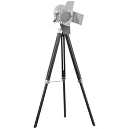 image-Industrial Tripod Floor Cinema Spotlight with Wood Legs Black & Silver