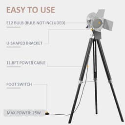 image-Industrial Tripod Floor Cinema Spotlight with Wood Legs Black & Silver