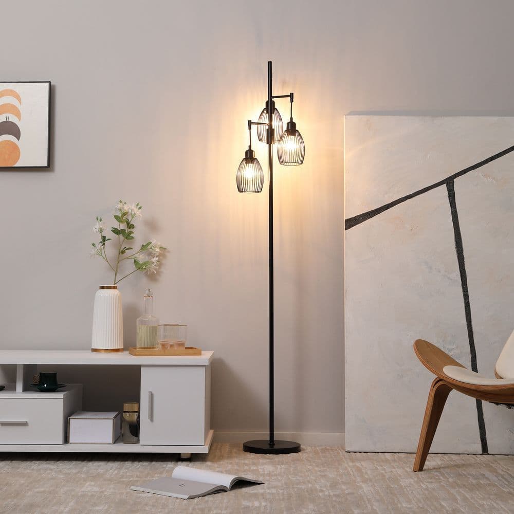 image-170cm Industrial 3-Light Floor Lamp, Dimmable Black
