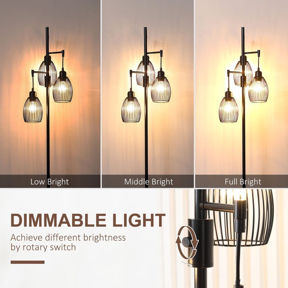 image-170cm Industrial 3-Light Floor Lamp, Dimmable Black
