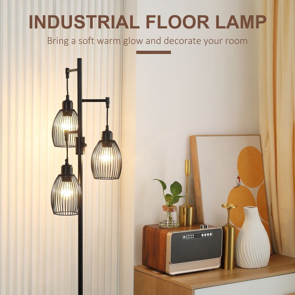 image-170cm Industrial 3-Light Floor Lamp, Dimmable Black
