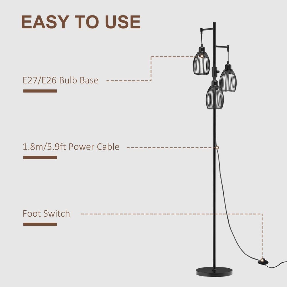 image-170cm Industrial 3-Light Floor Lamp, Dimmable Black
