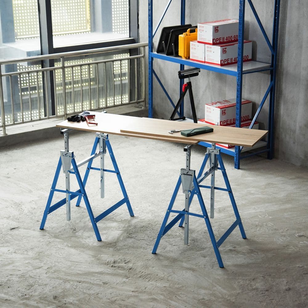 image-Set Of 2 Steel Adjustable Saw Horses Telescopic Builders Trestle/Bench