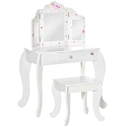 image-Kids Vanity Table & Stool Girls Dressing Set w/ Rotatable Mirror Drawer HOMCOM