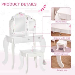 image-Kids Vanity Table & Stool Girls Dressing Set w/ Rotatable Mirror Drawer HOMCOM