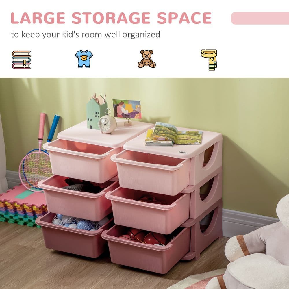 image-Kids Storage Unit Toy Box Vertical Dresser with Six Drawers - Pink HOMCOM