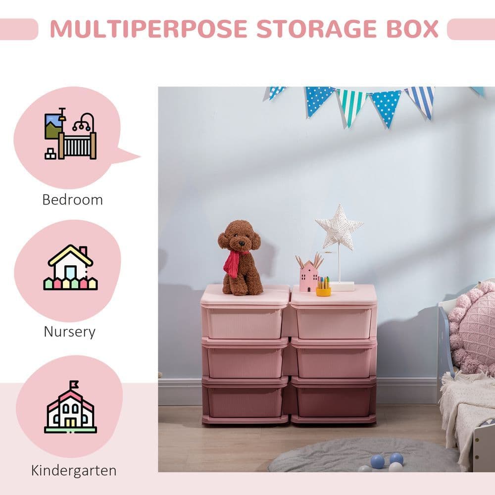 image-Kids Storage Unit Toy Box Vertical Dresser with Six Drawers - Pink HOMCOM