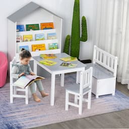image-4-Piece Set Kids Wood Table Chair Bench Storage Function for 3 Years+ HOMCOM