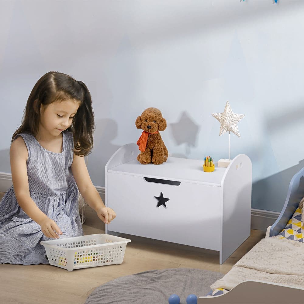image-Kids Wooden Toy Children Box Storage Organizer Side Handle White HOMCOM