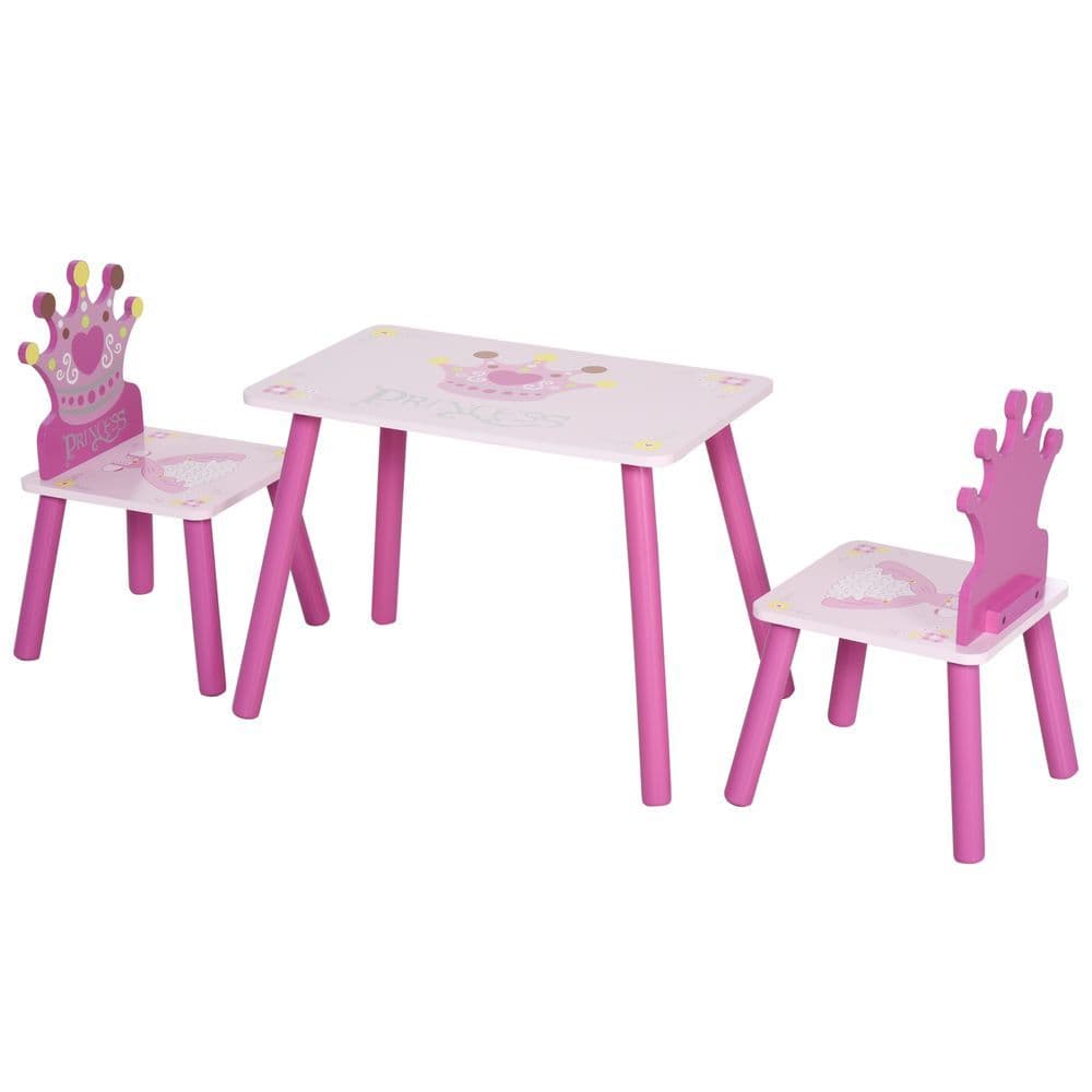 image-3 Pcs Kids Princess & Crown Chair Table Set Home Furniture 2-4 Yrs Pink HOMCOM