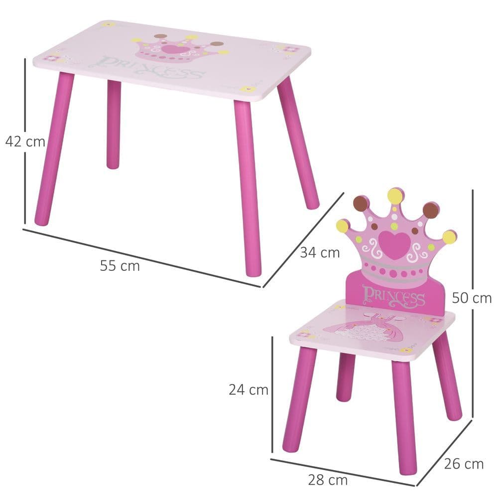 image-3 Pcs Kids Princess & Crown Chair Table Set Home Furniture 2-4 Yrs Pink HOMCOM