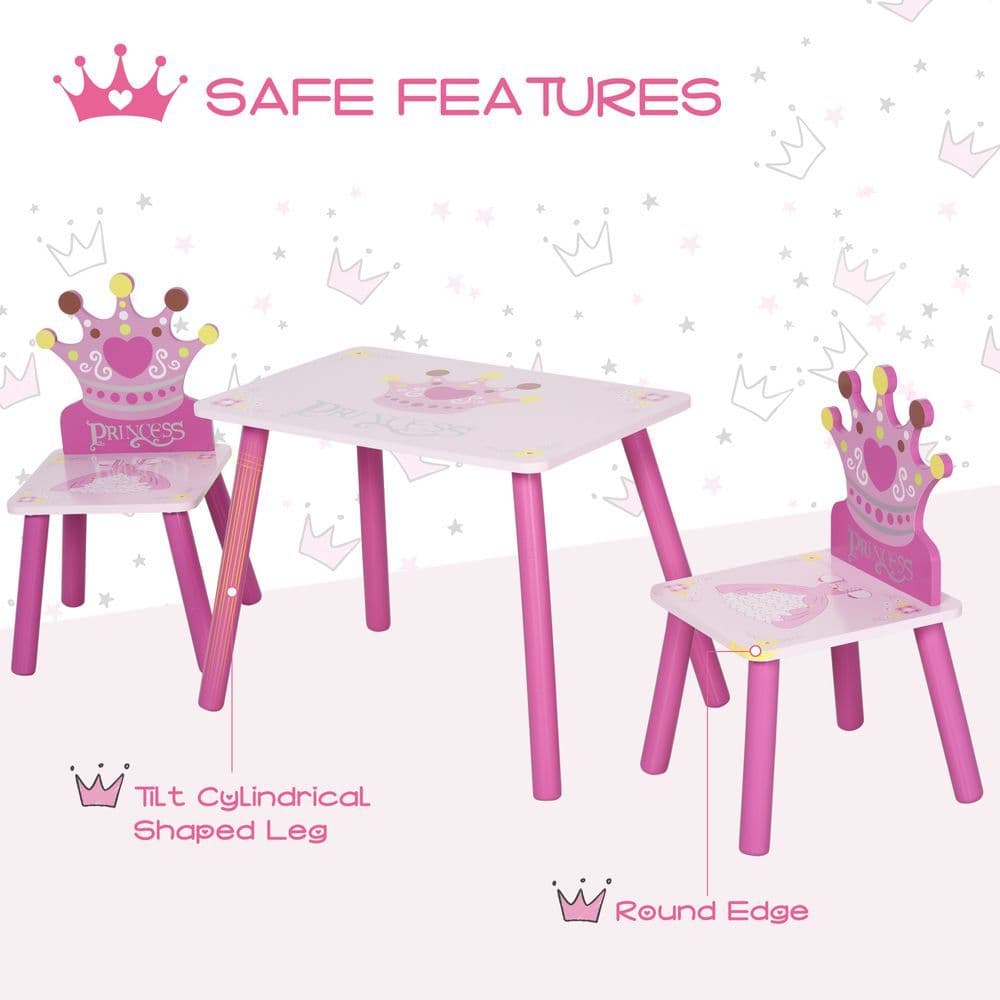 image-3 Pcs Kids Princess & Crown Chair Table Set Home Furniture 2-4 Yrs Pink HOMCOM