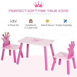 image-3 Pcs Kids Princess & Crown Chair Table Set Home Furniture 2-4 Yrs Pink HOMCOM