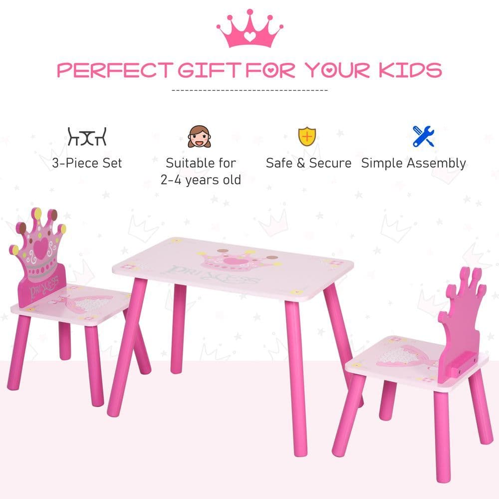 image-3 Pcs Kids Princess & Crown Chair Table Set Home Furniture 2-4 Yrs Pink HOMCOM