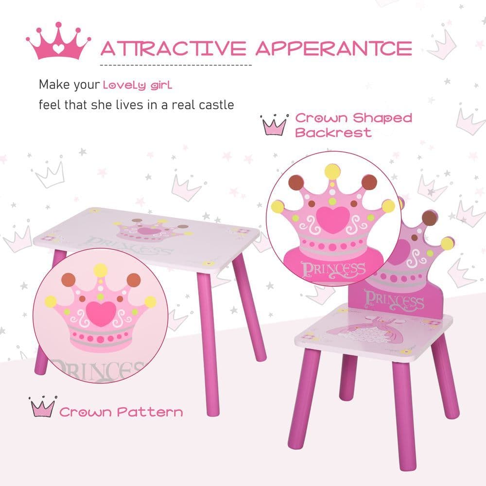 image-3 Pcs Kids Princess & Crown Chair Table Set Home Furniture 2-4 Yrs Pink HOMCOM