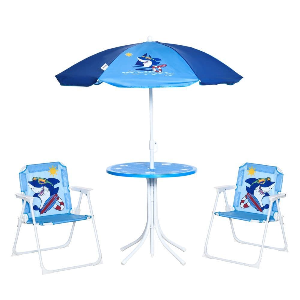 image-Kids Foldable Four-Piece Garden Set w/ Table, Chairs, Umbrella - Blue