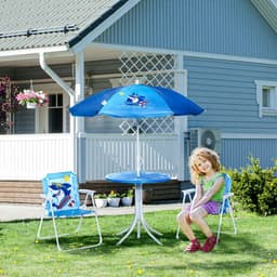 image-Kids Foldable Four-Piece Garden Set w/ Table, Chairs, Umbrella - Blue
