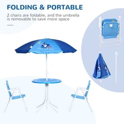 image-Kids Foldable Four-Piece Garden Set w/ Table, Chairs, Umbrella - Blue